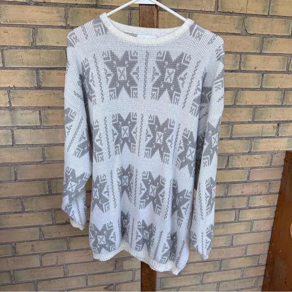 Gray and White Patterned Grandpa Sweater